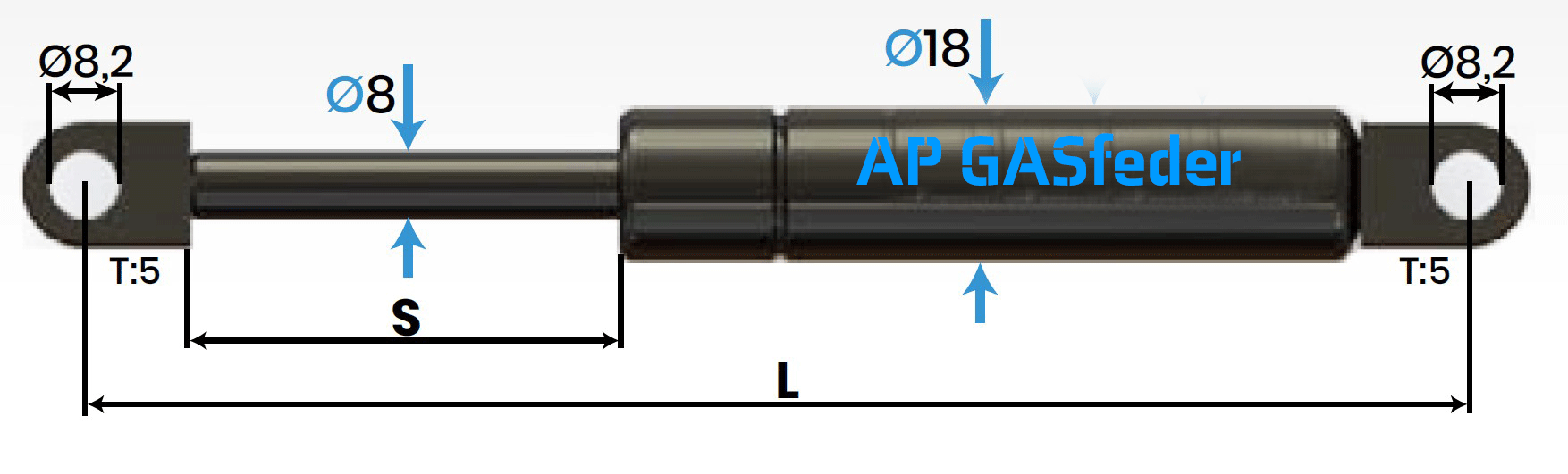 Bild von AP GASfeder 500N, 8/18, Hub(S): 140 mm, Länge (L): 366 mm,  Alternatvie SRST.084360