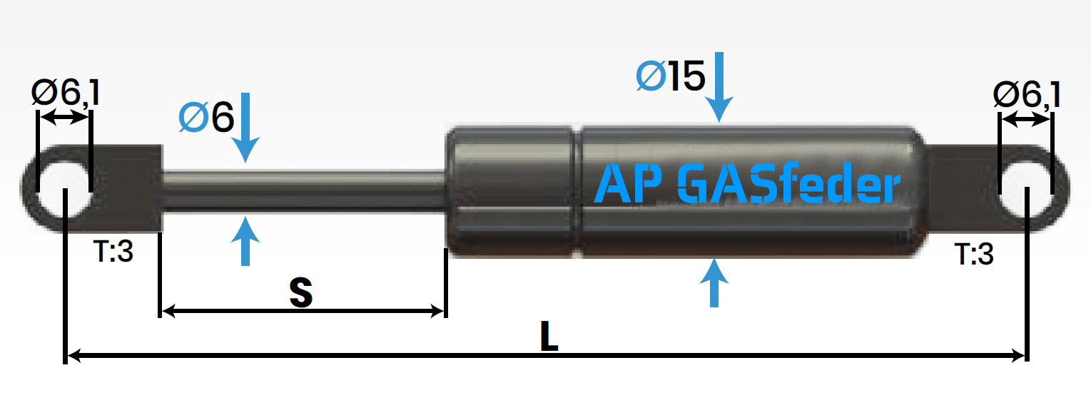 Bild von INOX AISI 304 AP GASfeder Edelstahl 50N, 6/15, Hub(S): 150 mm, Länge (L): 366 mm,  Alternatvie SRST.082643