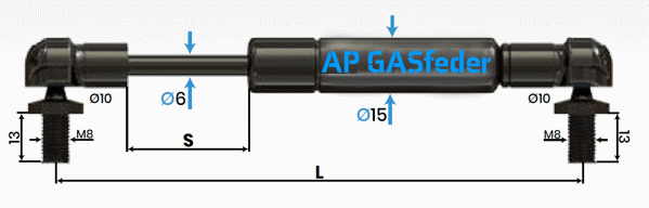 Bild von AP GASfeder 250N, 6/15, Hub(S): 35 mm, Länge (L): 145 mm