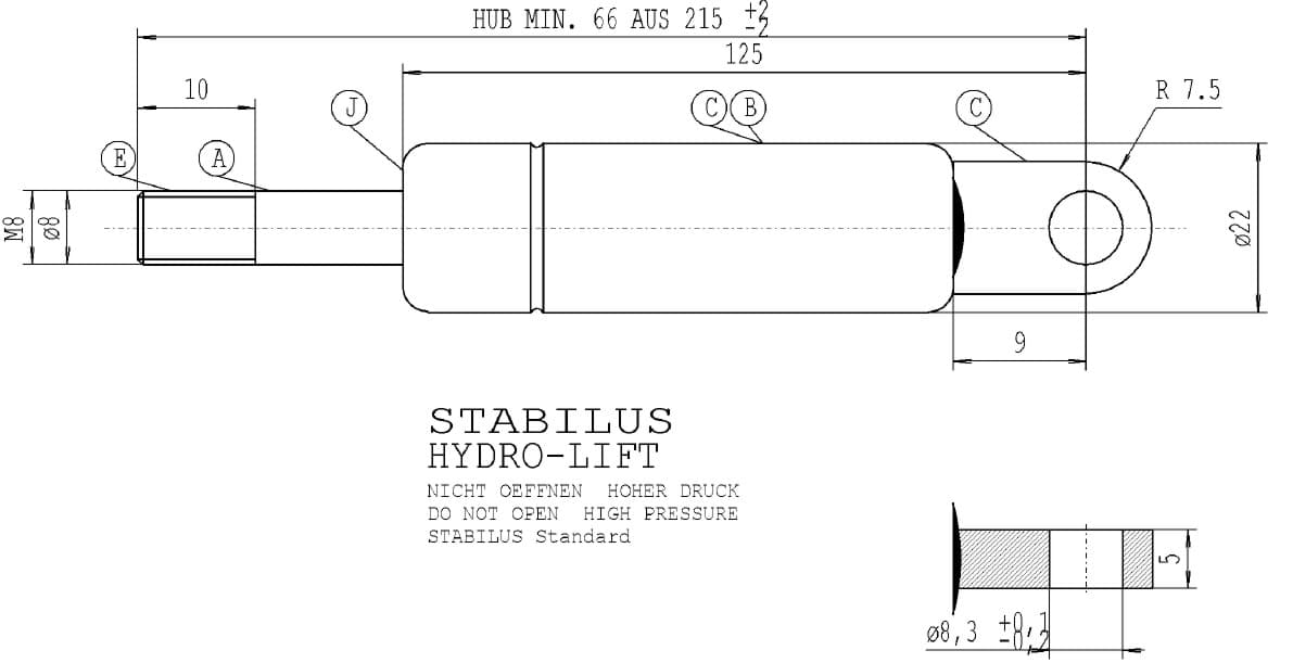 Picture of Gasfeder Stabilus Hydro-Lift 105600 0500N Gesamtlänge 215 mm Werksbestellung