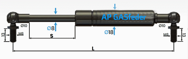 Bild von AP GASfeder 600N, 8/18, Hub(S): 80 mm, Länge (L): 245 mm,  Alternatvie SRST.083313