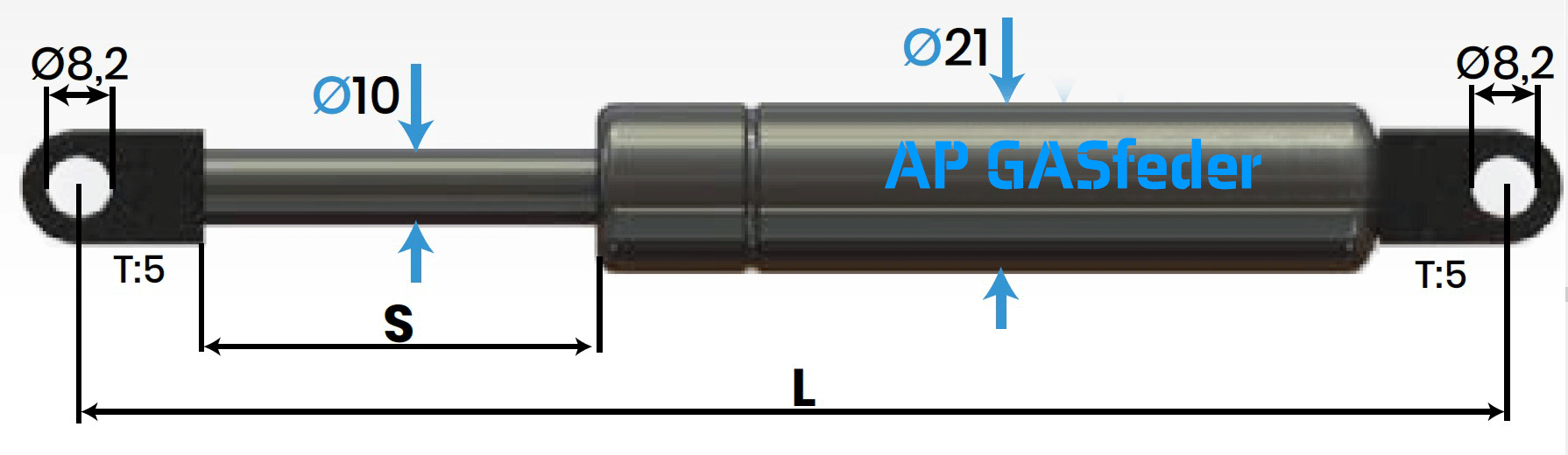 Bild von AP GASfeder 900N, 10/21, Hub(S): 80 mm, Länge (L): 245 mm,  Alternatvie SRST.