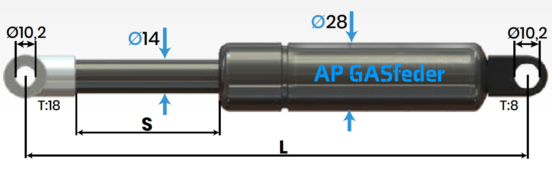 Bild von AP GASfeder 600N, 14/28, Hub(S): 500 mm, Länge (L): 1102 mm,  Alternatvie SRST.2108LB