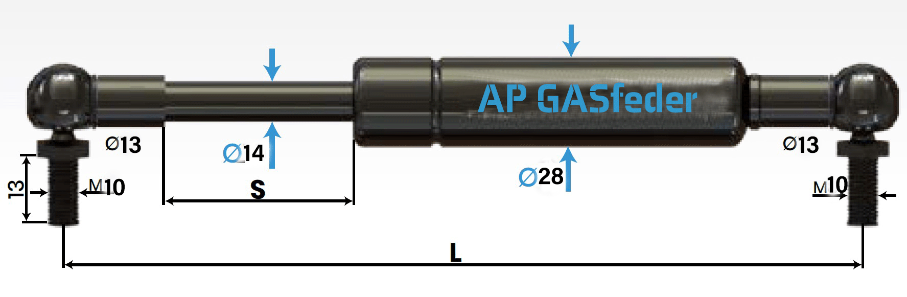 Bild von AP GASfeder 1300N, 14/28, Hub(S): 250 mm, Länge (L): 635 mm,  Alternatvie SRST.2075LI