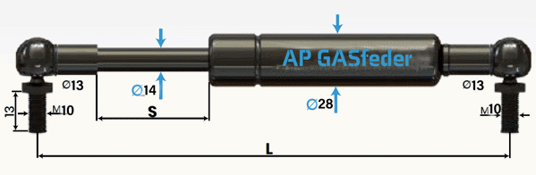 Bild von AP GASfeder 1900N, 14/28, Hub(S): 350 mm, Länge (L): 835 mm,  Alternatvie SRST.2383LS