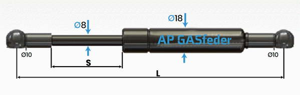 Bild von AP GASfeder 150N, 8/18, Hub(S): 180 mm, Länge (L): 445 mm,  Alternatvie SRST.081512