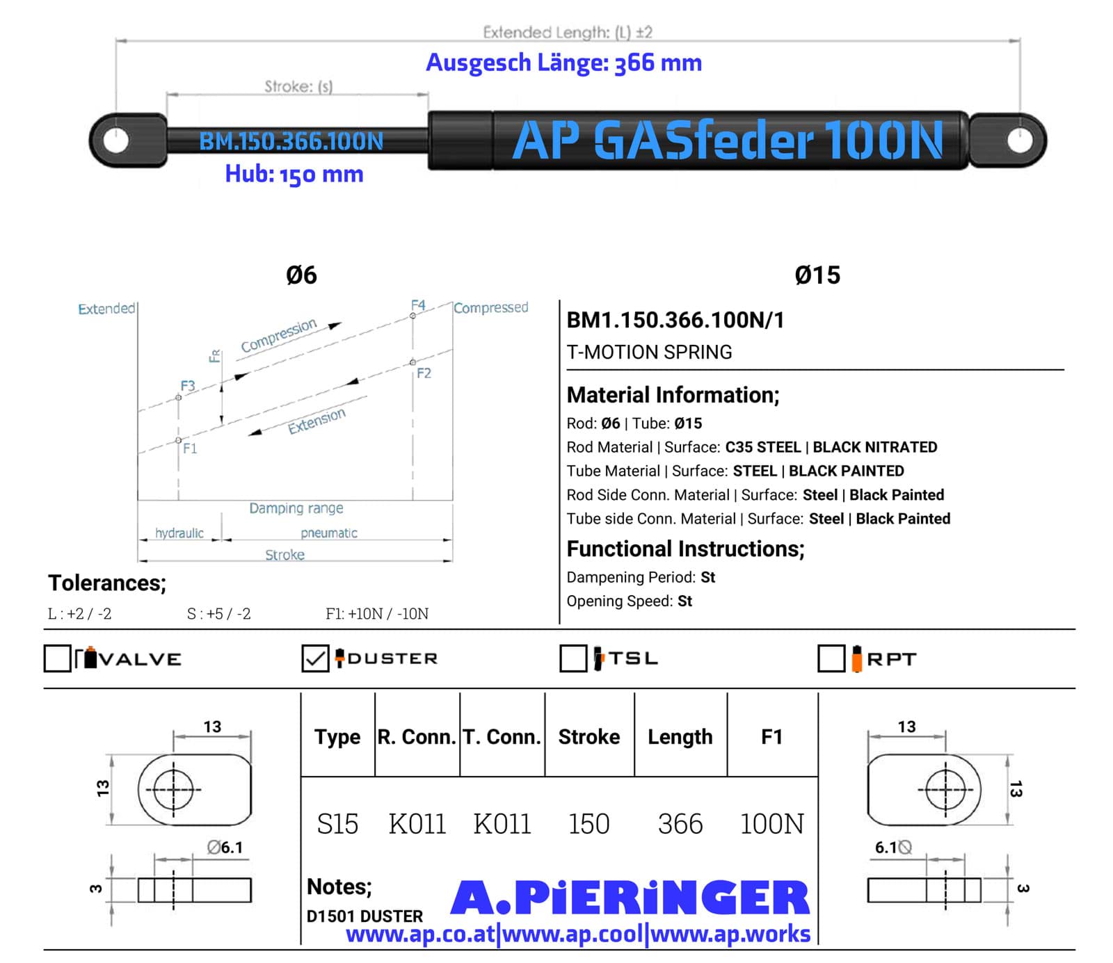 A.PiERiNGER. AP GASfeder BM.150.366.100N, Kraft 100N, Länge 366mm,  Alternative SRST.082651