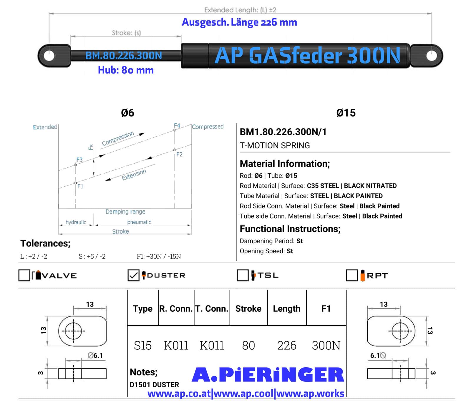Picture of AP GASfeder 300N, 6/15, Hub(S): 80 mm, Länge (L): 226 mm,  Alternatvie SRST.082457