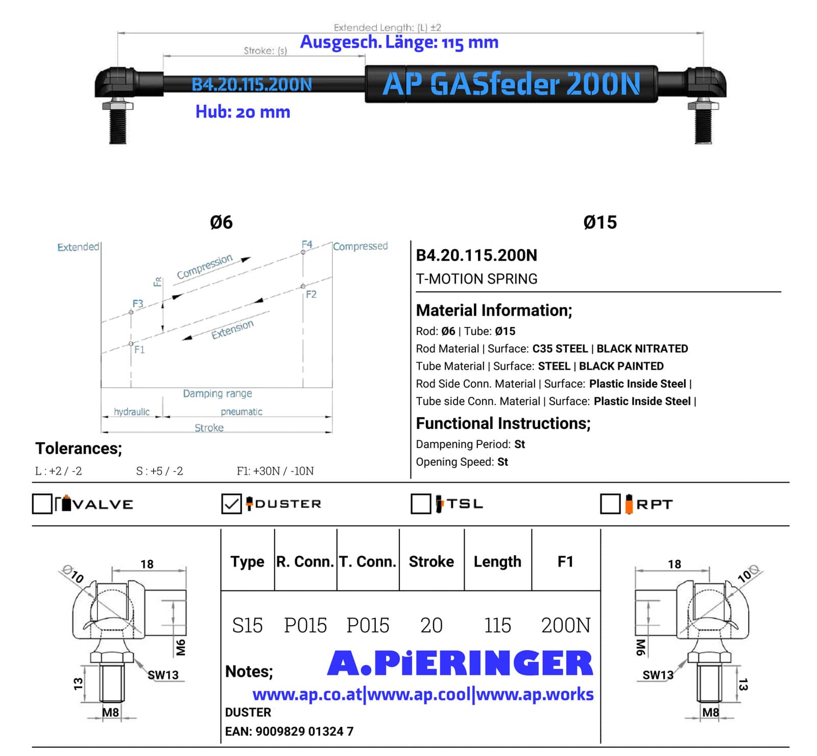 Image de AP GASfeder 200N, 6/15, Hub(S): 20 mm, Länge (L): 115 mm,  Alternatvie SRST.1324DI